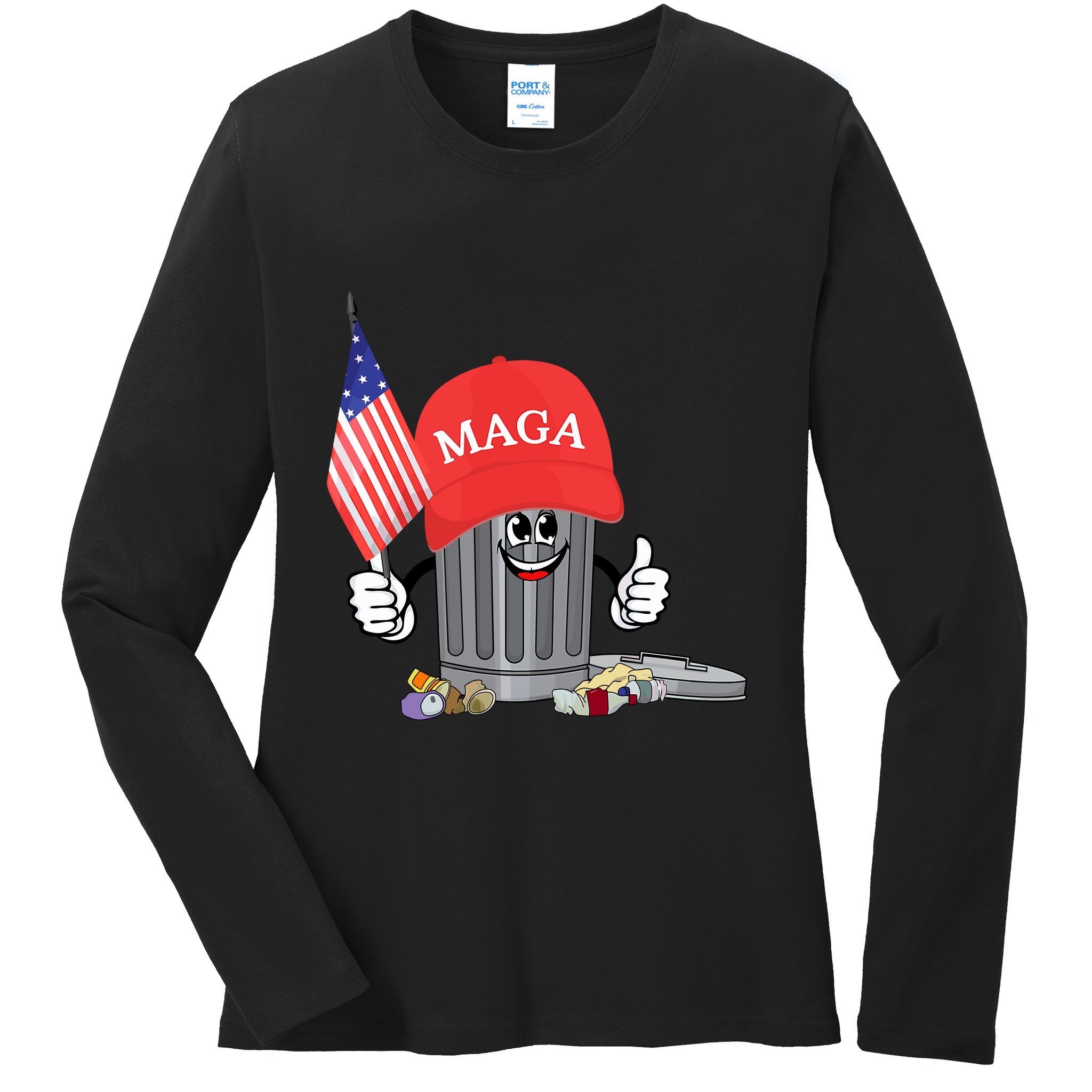 Funny Trump Maga Garbage Can Cartoon Character American Flag Ladies Long Sleeve Shirt