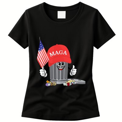 Funny Trump Maga Garbage Can Cartoon Character American Flag Womens T-Shirt