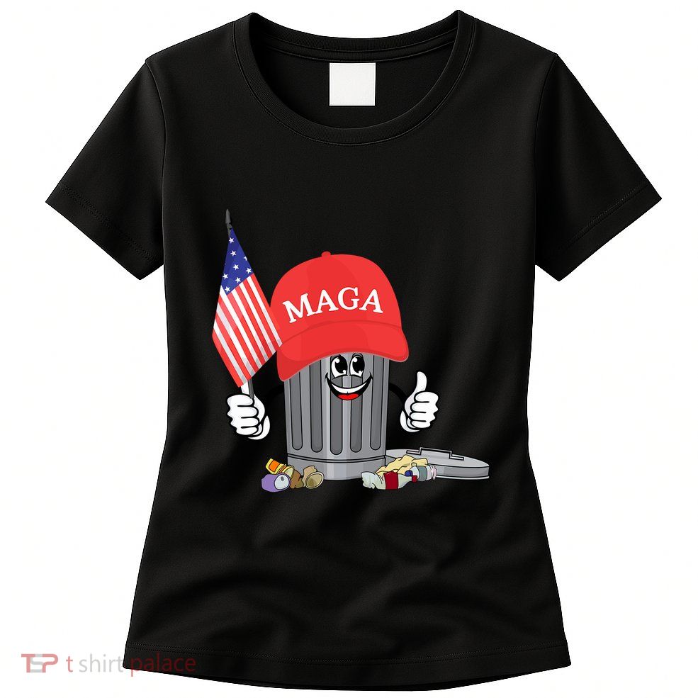 Funny Trump Maga Garbage Can Cartoon Character American Flag Womens T-Shirt