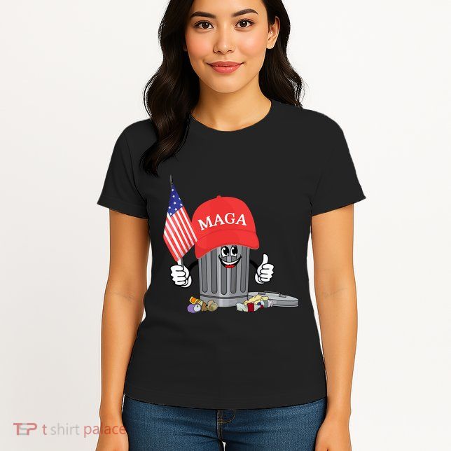 Funny Trump Maga Garbage Can Cartoon Character American Flag Womens T-Shirt
