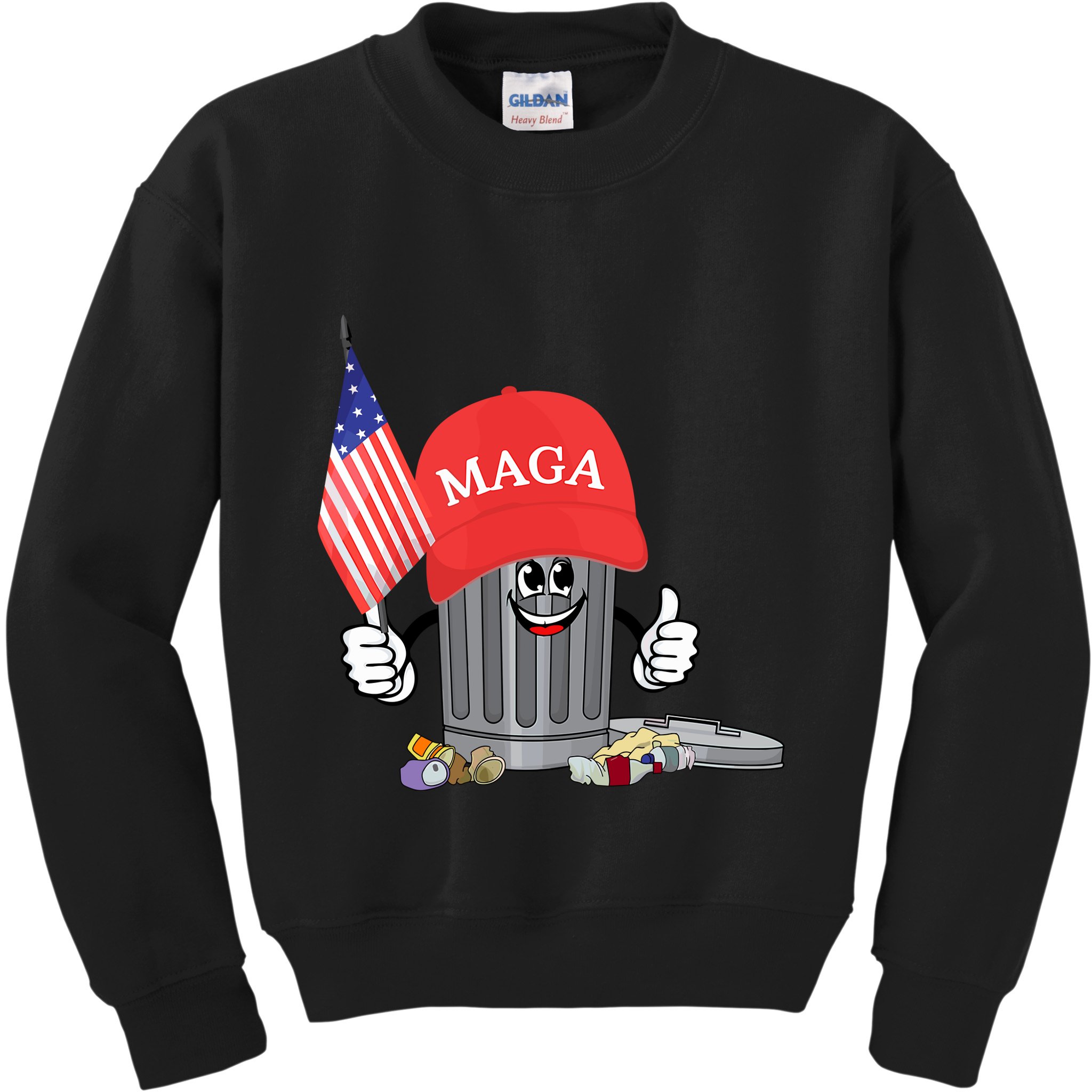 Funny Trump Maga Garbage Can Cartoon Character American Flag Kids Sweatshirt