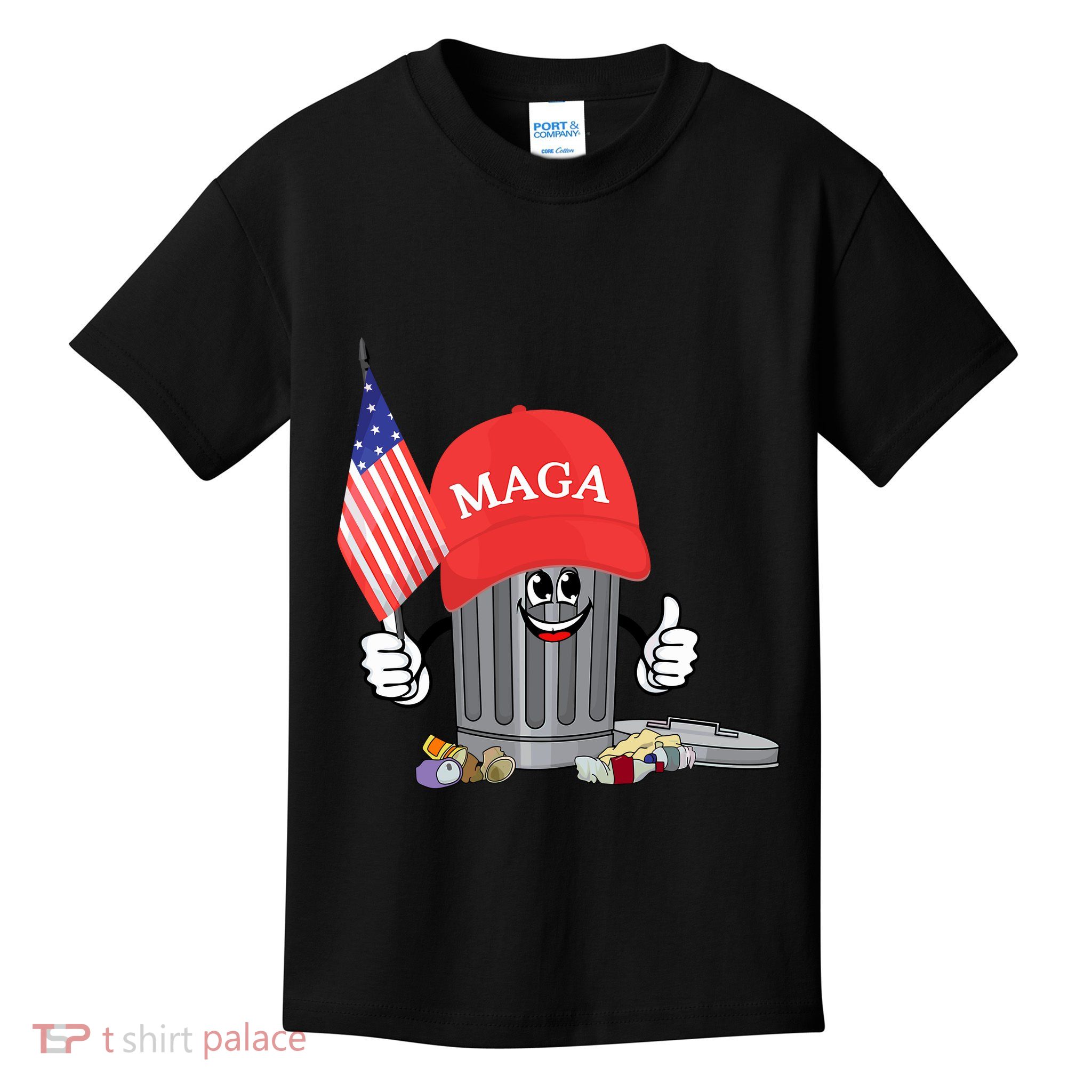 Funny Trump Maga Garbage Can Cartoon Character American Flag Kids T-Shirt