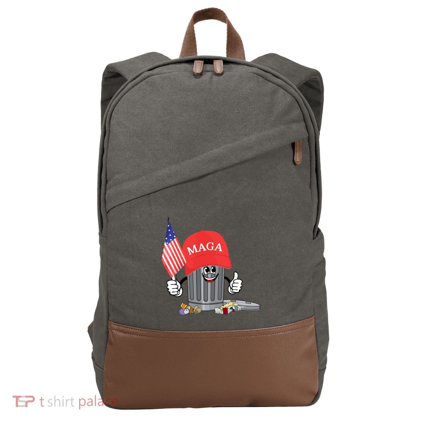 Funny Trump Maga Garbage Can Cartoon Character American Flag Cotton Canvas Backpack