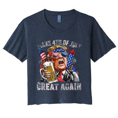 Funny Trump Make 4th Of July Great Again Drinking Beer Women's Crop Top Tee