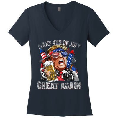 Funny Trump Make 4th Of July Great Again Drinking Beer Women's V-Neck T-Shirt