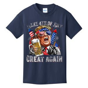 Funny Trump Make 4th Of July Great Again Drinking Beer Kids T-Shirt