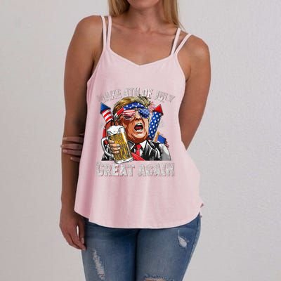 Funny Trump Make 4th Of July Great Again Drinking Beer Women's Strappy Tank