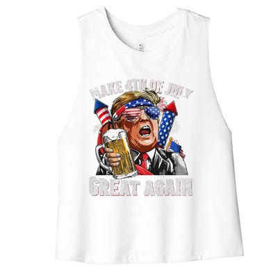 Funny Trump Make 4th Of July Great Again Drinking Beer Women's Racerback Cropped Tank