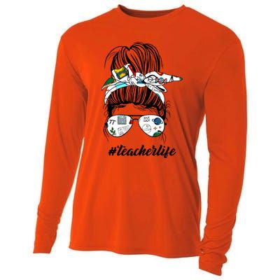 Funny Teacher Messy Bun Life Hair Glasses Meaningful Gift Cooling Performance Long Sleeve Crew