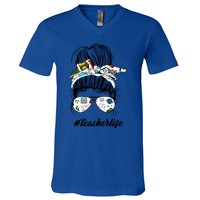 Funny Teacher Messy Bun Life Hair Glasses Meaningful Gift V-Neck T-Shirt