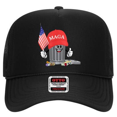 Funny Trump Maga Garbage Can Cartoon Character American Flag High Crown Mesh Back Trucker Hat