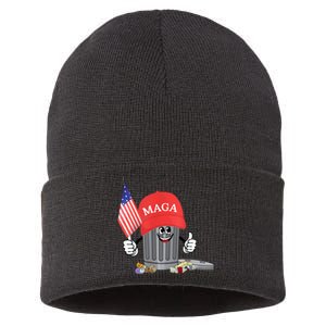 Funny Trump Maga Garbage Can Cartoon Character American Flag Sustainable Knit Beanie