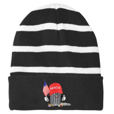 Funny Trump Maga Garbage Can Cartoon Character American Flag Striped Beanie with Solid Band