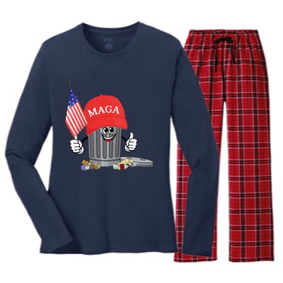 Funny Trump Maga Garbage Can Cartoon Character American Flag Women's Long Sleeve Flannel Pajama Set 