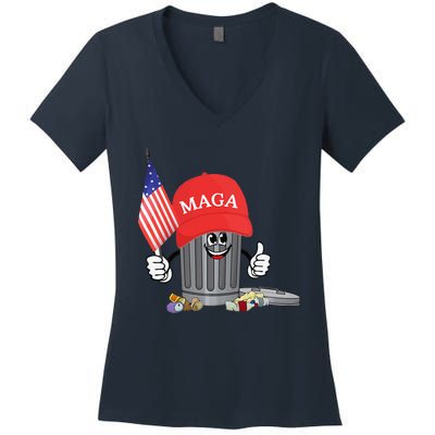 Funny Trump Maga Garbage Can Cartoon Character American Flag Women's V-Neck T-Shirt