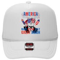 Fireworks Trump Make 4th Of July Great Again Glasses Flag High Crown Mesh Back Trucker Hat