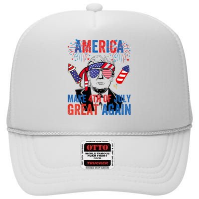 Fireworks Trump Make 4th Of July Great Again Glasses Flag High Crown Mesh Back Trucker Hat