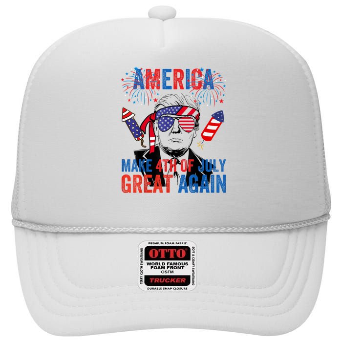 Fireworks Trump Make 4th Of July Great Again Glasses Flag High Crown Mesh Back Trucker Hat