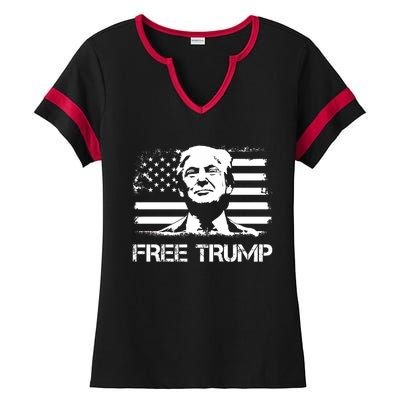 Free Trump Mug Shot Trump Not Guilty MugShot Ladies Halftime Notch Neck Tee