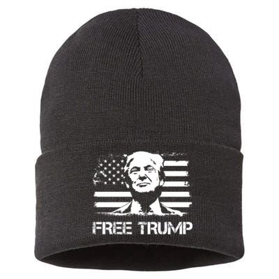 Free Trump Mug Shot Trump Not Guilty MugShot Sustainable Knit Beanie