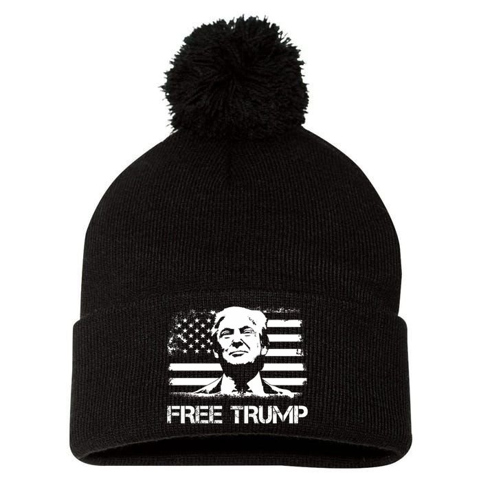 Free Trump Mug Shot Trump Not Guilty MugShot Pom Pom 12in Knit Beanie