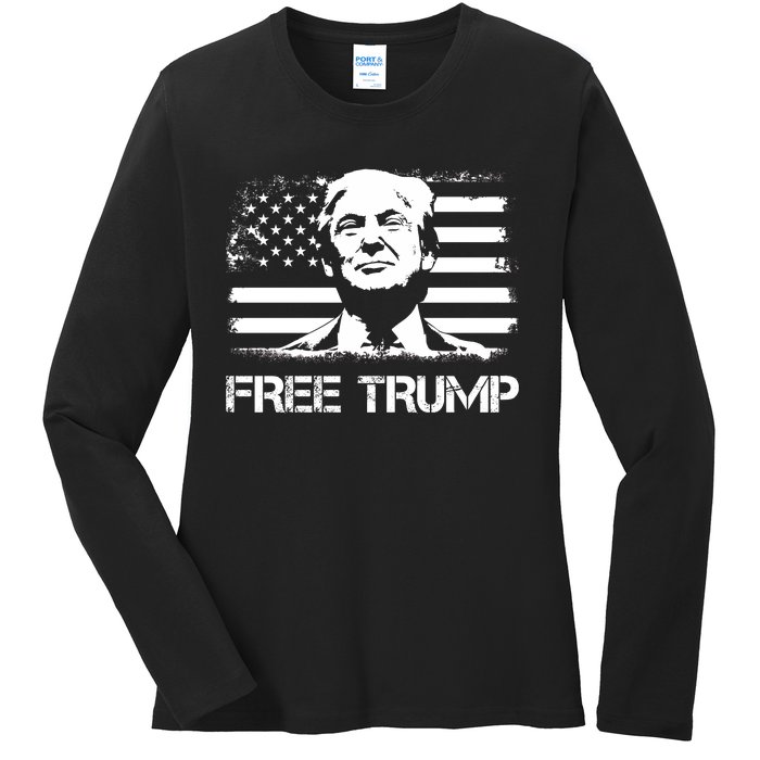 Free Trump Mug Shot Trump Not Guilty MugShot Ladies Long Sleeve Shirt