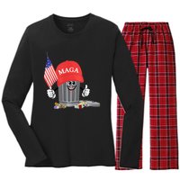 Funny Trump Maga Garbage Can Cartoon Character American Flag Women's Long Sleeve Flannel Pajama Set 