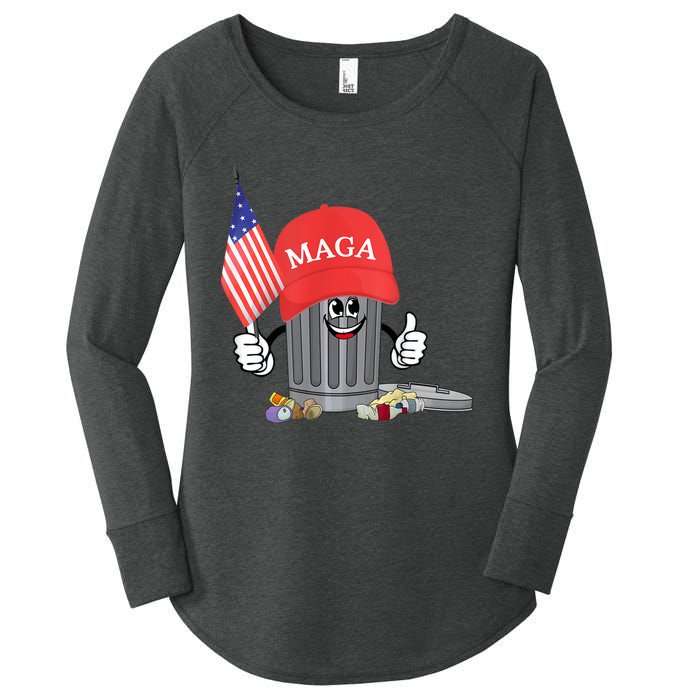 Funny Trump Maga Garbage Can Cartoon Character American Flag Women's Perfect Tri Tunic Long Sleeve Shirt