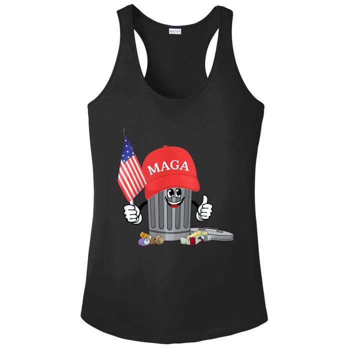 Funny Trump Maga Garbage Can Cartoon Character American Flag Ladies PosiCharge Competitor Racerback Tank