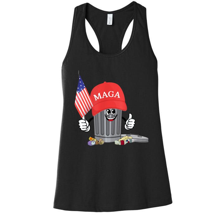 Funny Trump Maga Garbage Can Cartoon Character American Flag Women's Racerback Tank