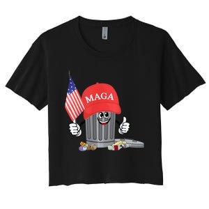 Funny Trump Maga Garbage Can Cartoon Character American Flag Women's Crop Top Tee