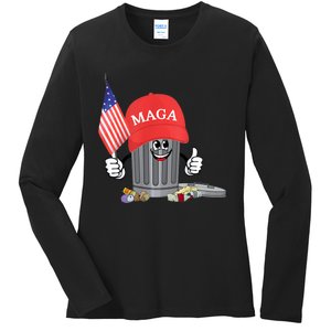 Funny Trump Maga Garbage Can Cartoon Character American Flag Ladies Long Sleeve Shirt