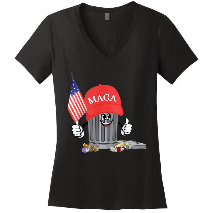 Funny Trump Maga Garbage Can Cartoon Character American Flag Women's V-Neck T-Shirt