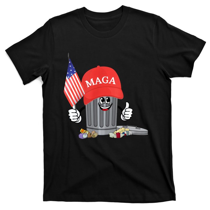 Funny Trump Maga Garbage Can Cartoon Character American Flag T-Shirt