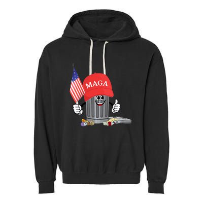 Funny Trump Maga Garbage Can Cartoon Character American Flag Garment-Dyed Fleece Hoodie