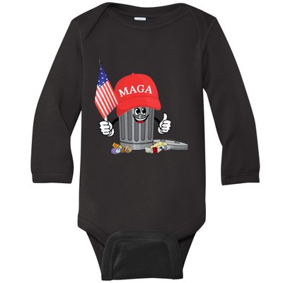 Funny Trump Maga Garbage Can Cartoon Character American Flag Baby Long Sleeve Bodysuit