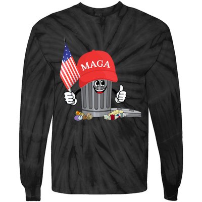 Funny Trump Maga Garbage Can Cartoon Character American Flag Tie-Dye Long Sleeve Shirt