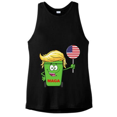 Funny Trump Maga Cartoon Garbage Can American Flag Ladies PosiCharge Tri-Blend Wicking Tank