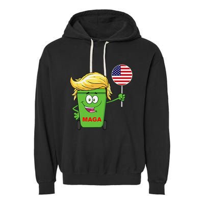 Funny Trump Maga Cartoon Garbage Can American Flag Garment-Dyed Fleece Hoodie