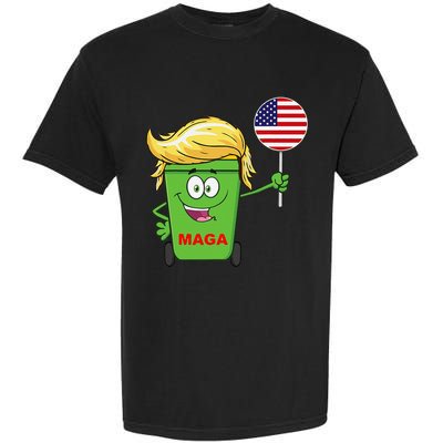 Funny Trump Maga Cartoon Garbage Can American Flag Garment-Dyed Heavyweight T-Shirt