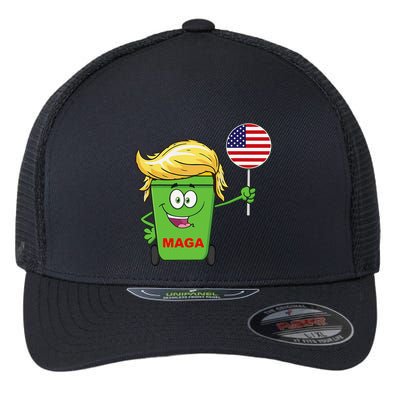 Funny Trump Maga Cartoon Garbage Can American Flag Flexfit Unipanel Trucker Cap