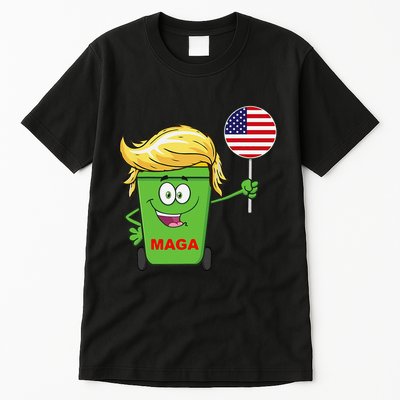 Funny Trump Maga Cartoon Garbage Can American Flag Tall T-Shirt