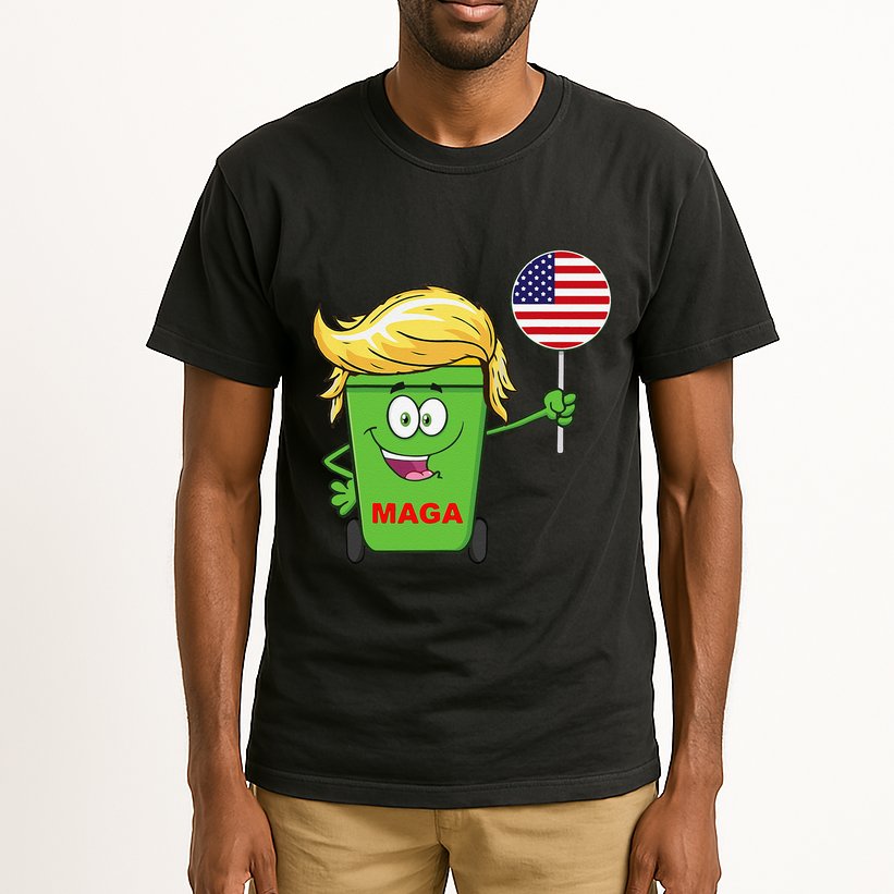 Funny Trump Maga Cartoon Garbage Can American Flag Tall T-Shirt