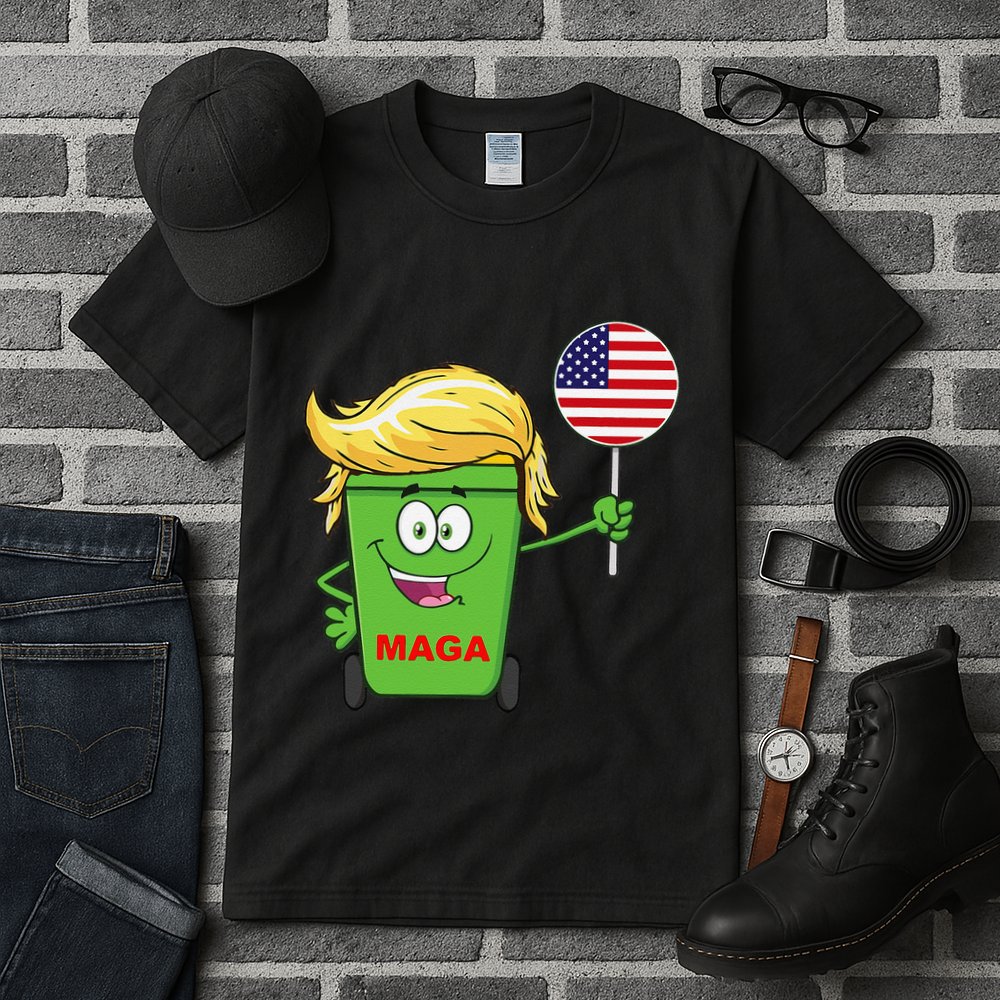 Funny Trump Maga Cartoon Garbage Can American Flag Tall T-Shirt