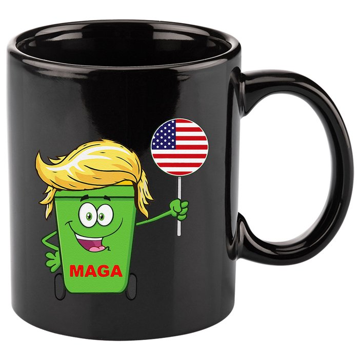 Funny Trump Maga Cartoon Garbage Can American Flag 11oz C Handle Ceramic Mug