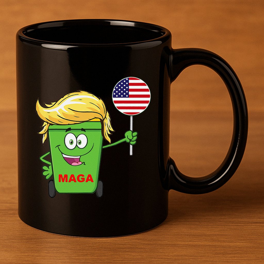 Funny Trump Maga Cartoon Garbage Can American Flag 11oz C Handle Ceramic Mug