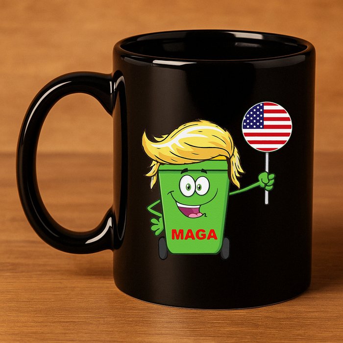 Funny Trump Maga Cartoon Garbage Can American Flag 11oz C Handle Ceramic Mug