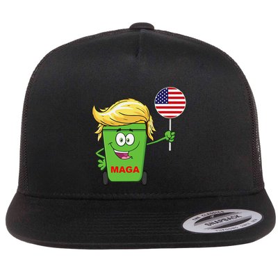 Funny Trump Maga Cartoon Garbage Can American Flag Flatbill Hat