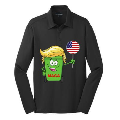 Funny Trump Maga Cartoon Garbage Can American Flag Silk Touch Performance Long Sleeve Polo