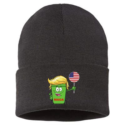 Funny Trump Maga Cartoon Garbage Can American Flag Sustainable Knit Beanie
